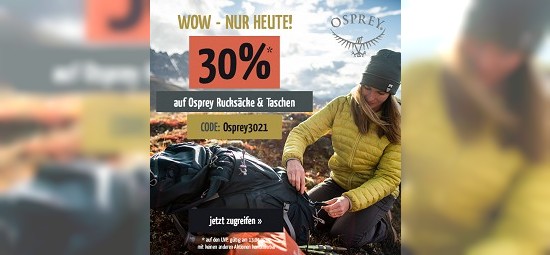 30 % Rabatt auf alle Osprey-Rucksäcke bei doorout - nur heute!