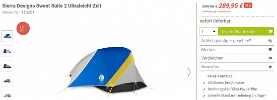 Deal der Woche: Sierra Designs Sweet Suite 2-Ultraleicht Zelt 27% günstiger bei trekking-lite-store