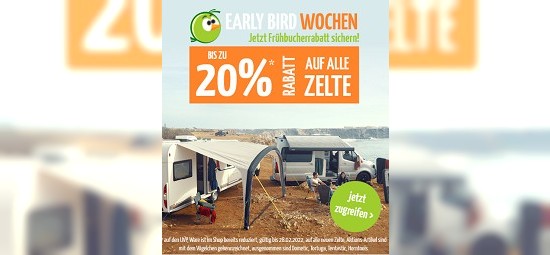 Early Bird-Wochen bei doorout - bis zu 25 % Rabatt auf Zelte