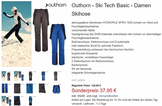Outhorn - Ski Tech Basic - Damen Skihose 37,95€ - 70% redziert